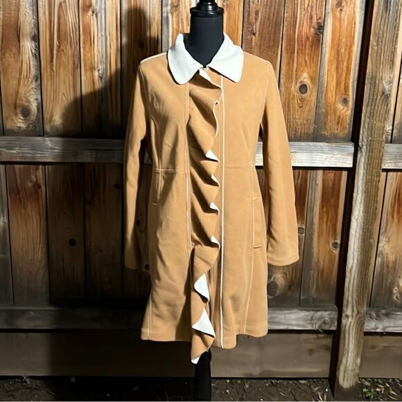 Susan Graver coat faux suede ruffle pockets tan cream Med FIRM on PRICE - Picture 1 of 6